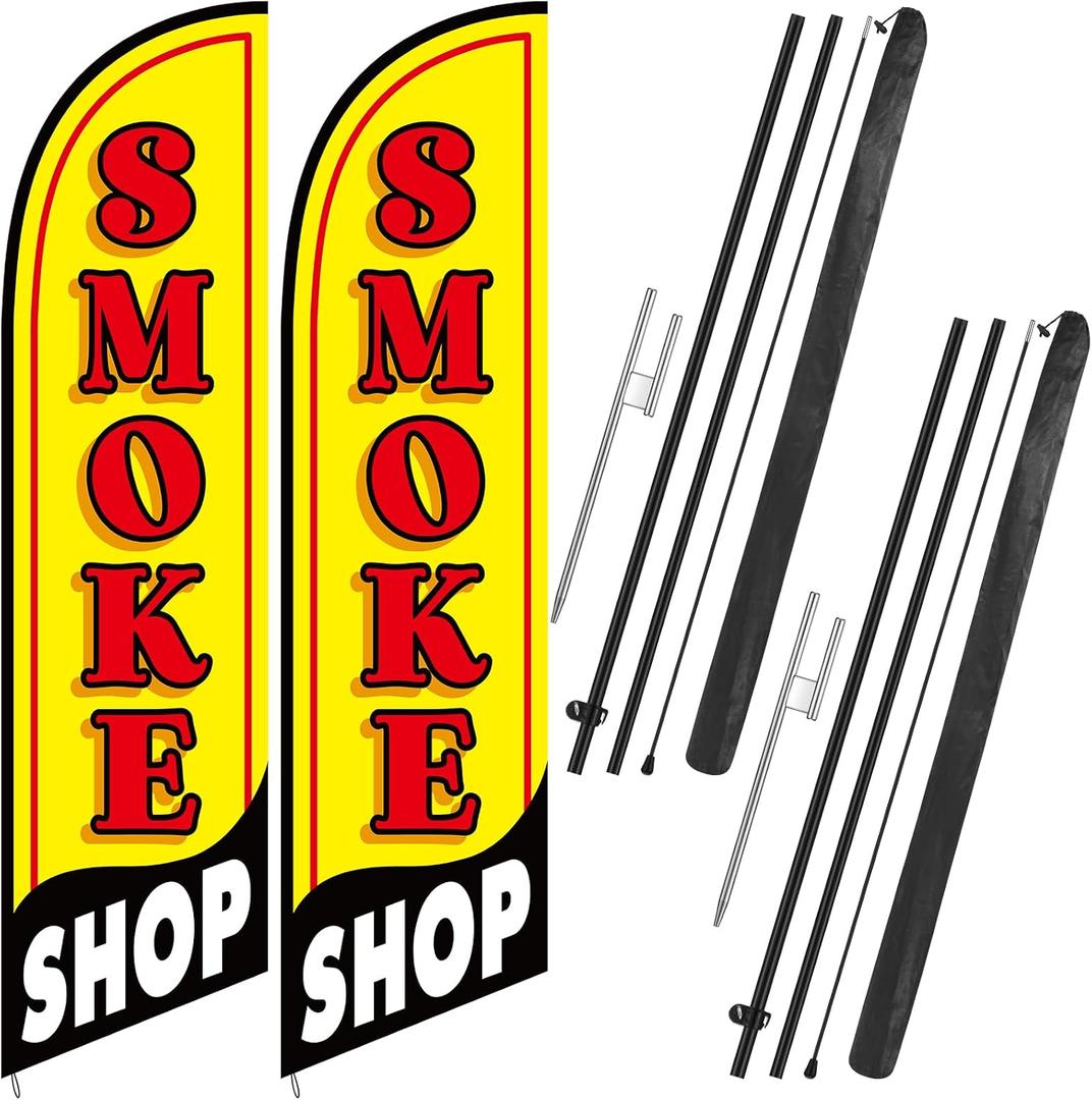 2 Set Smoke Shop Feather Flag Pole Kit Smoke Shop Sign Banner Advertising Feather Banner for Outside Outdoor Business Decoration(11 ft)