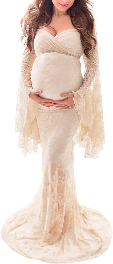 Saslax Off Shoulder Lace Maternity Dress for Photography Maxi Maternity Props Dresses for Photo Shoot Baby Shower (Small, Champagne)