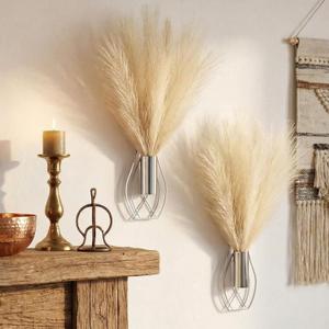 Otoolling 2 Pieces Hanging Plant Wall Decor with Artificial Pampas Grass Metal Hanging Vase Modern Geometric Farmhouse Bohemian Wall Art for Living Room Bedroom Kitchen Office (Silver, Beige)