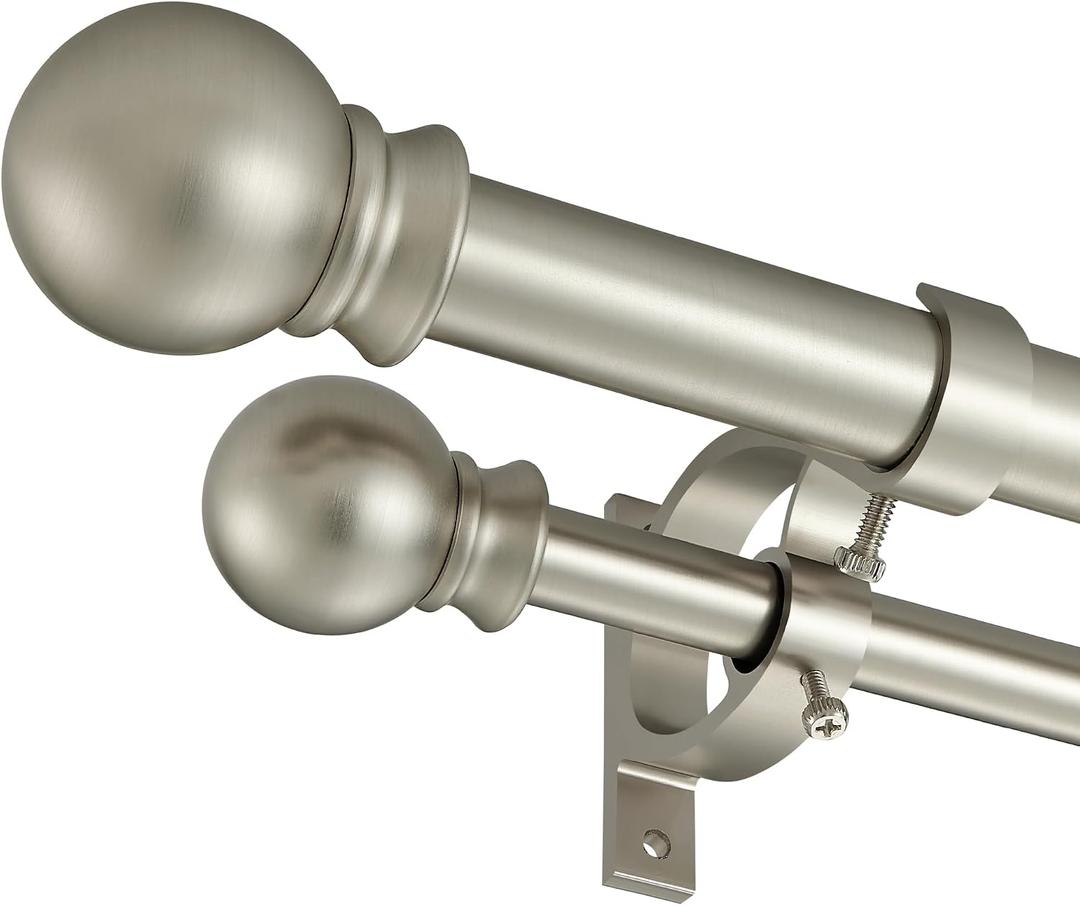 Brushed Nickel Double Curtain Rods 72-144 Inch,1’’Front and 5/8’’Back Double Drapery Rod with Small Round Ball and Aluminum Brackets, Adjustable Dual Window Rod for Sheer/Blackout Curtains