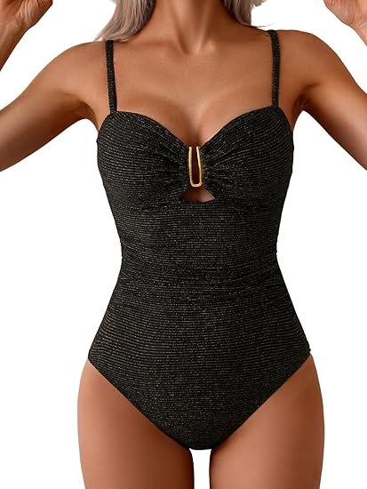 Eomenie One Piece Swimsuit for Women Tummy Control Ruched Bathing Suit Cutout U Wire Swim Suits, M