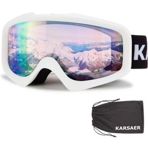 Karsaer Ski Goggles Anti-Fog Snow Goggles OTG 100% UV Protection Snowboard Goggles Bendable Dual-Lenses for Men Women Youth (Matte White Frame Pink Lens Vlt 60%)