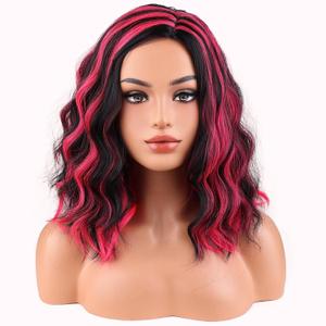 BERON Women Black Highlights Hot Pink Short Curly Wavy Wig for Girls Two Tone Shoulder Length Body Wave Synthetic Halloween Cosplay Daily Party Wigs