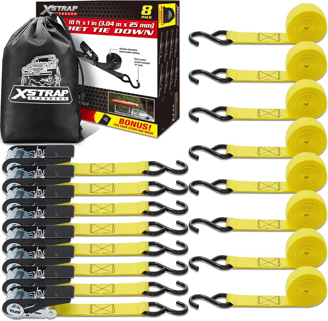 XSTRAP STANDARD Ratchet Tie Down Straps - 8PK - 1'' x 10 ft - 900 LB Break Strength Cargo Straps for Moving Appliances, Lawn Equipment, Motorcycle Yellow