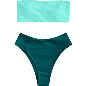 ZAFUL Women's High Cut Bandeau Bikini Set Strapless Solid Color 2 Pieces Bathing Suit Swimsuit (X-Large, 0-dark Green Colorblock)