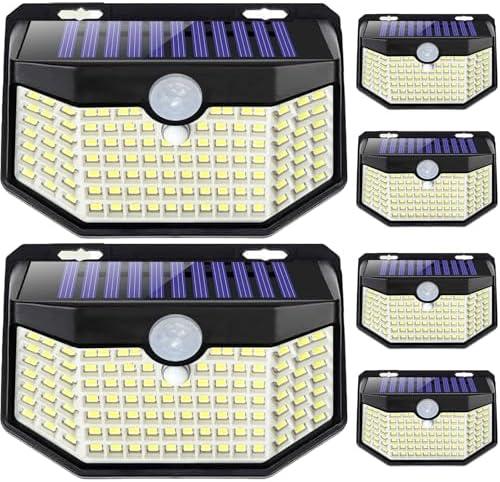 HMCITY 120 LED Outdoor Solar Lights with Motion Sensor and 3 Lighting Modes, IP65 Waterproof Wide Solar Wall Lights Ideal for Garden Patio Yard (Front Button 5Packs, Daylight White, 6500K)