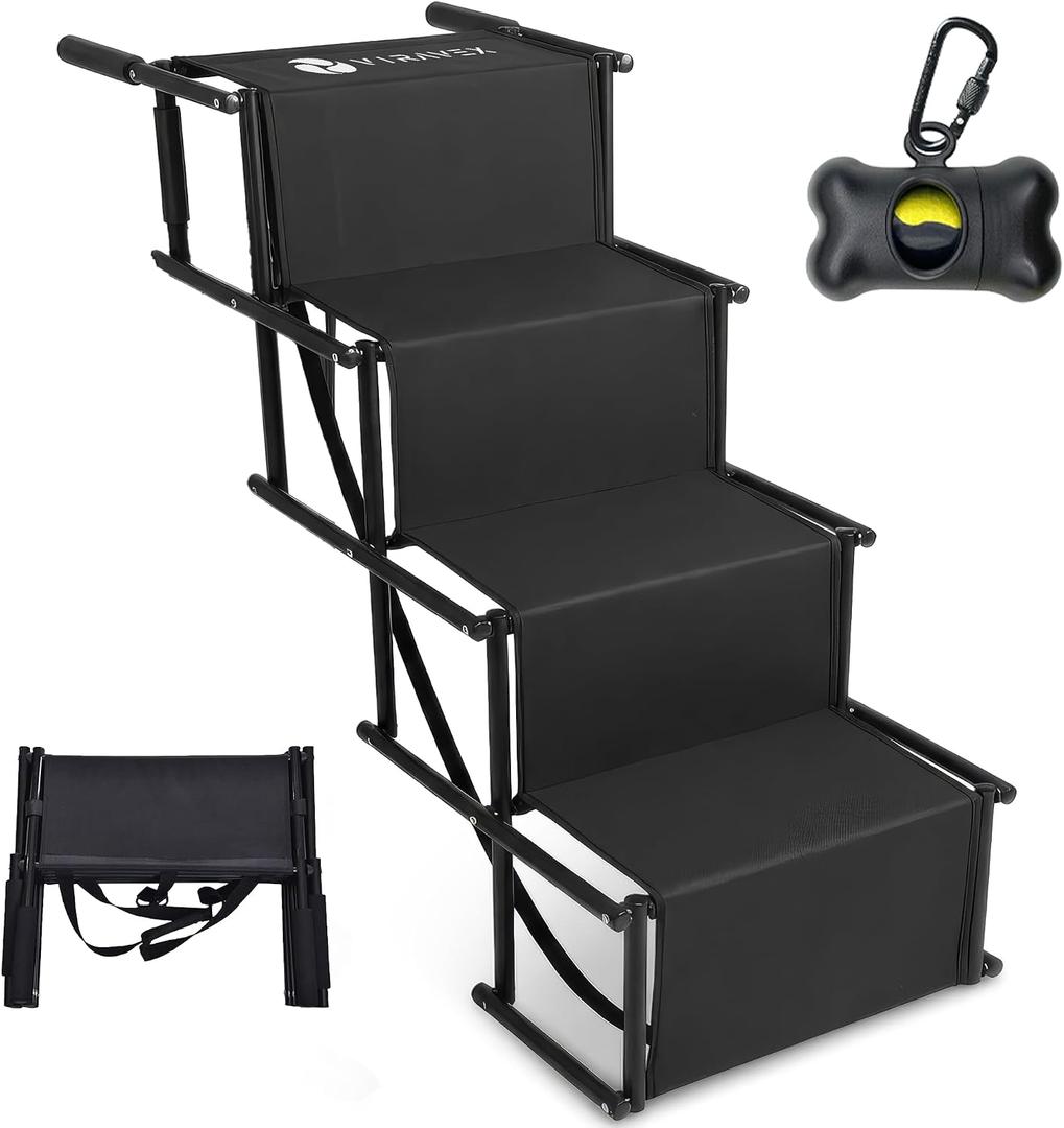 Dog Stairs for Car, Truck & SUV Foldable Dog Steps for Small & Large Dogs with Anti Slip Surface & Poop Bag Dispenser, Lightweight Dog Ramp Holds Up to 130lbs