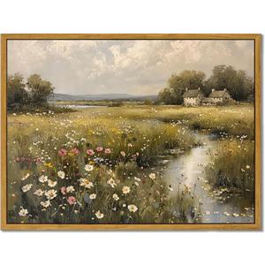 MTFBWY Spring Wildflower Landscape Framed Canvas Wall Art, Vintage Rustic Meadow Field Nature Painting Print, Cottagecore Farmhouse Decor for Bedroom Living Room Kitchen 8x10 Inch