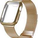 Geoumy Metal Magnetic Bands Compatible for Apple Watch Band 45mm with Case, Stainless Steel Milanese Loop Replacement Strap Compatible with iWatch Series SE 10-1 for Women Men,Light Gold