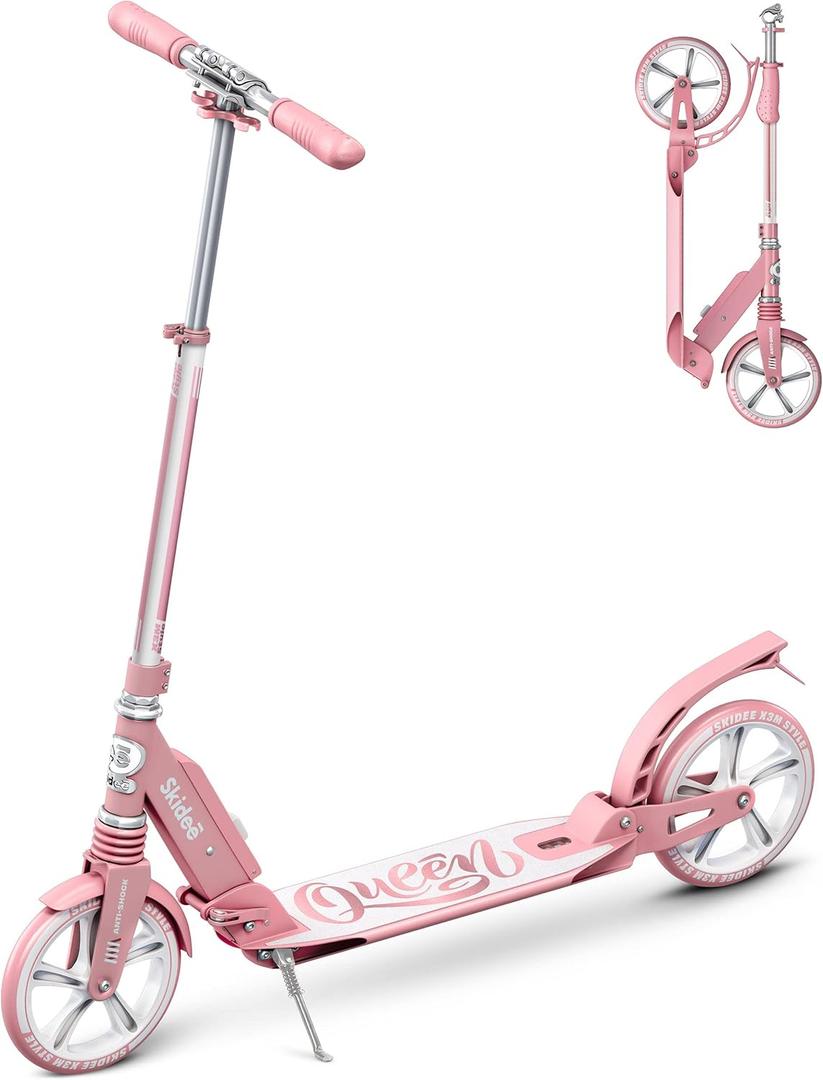 Skidee Adult & Teen Scooter Adjustable Height, Folding, Large Wheels, Lightweight, Durable, Anti-Shock Suspension, Up to 220 lbs (Queen)