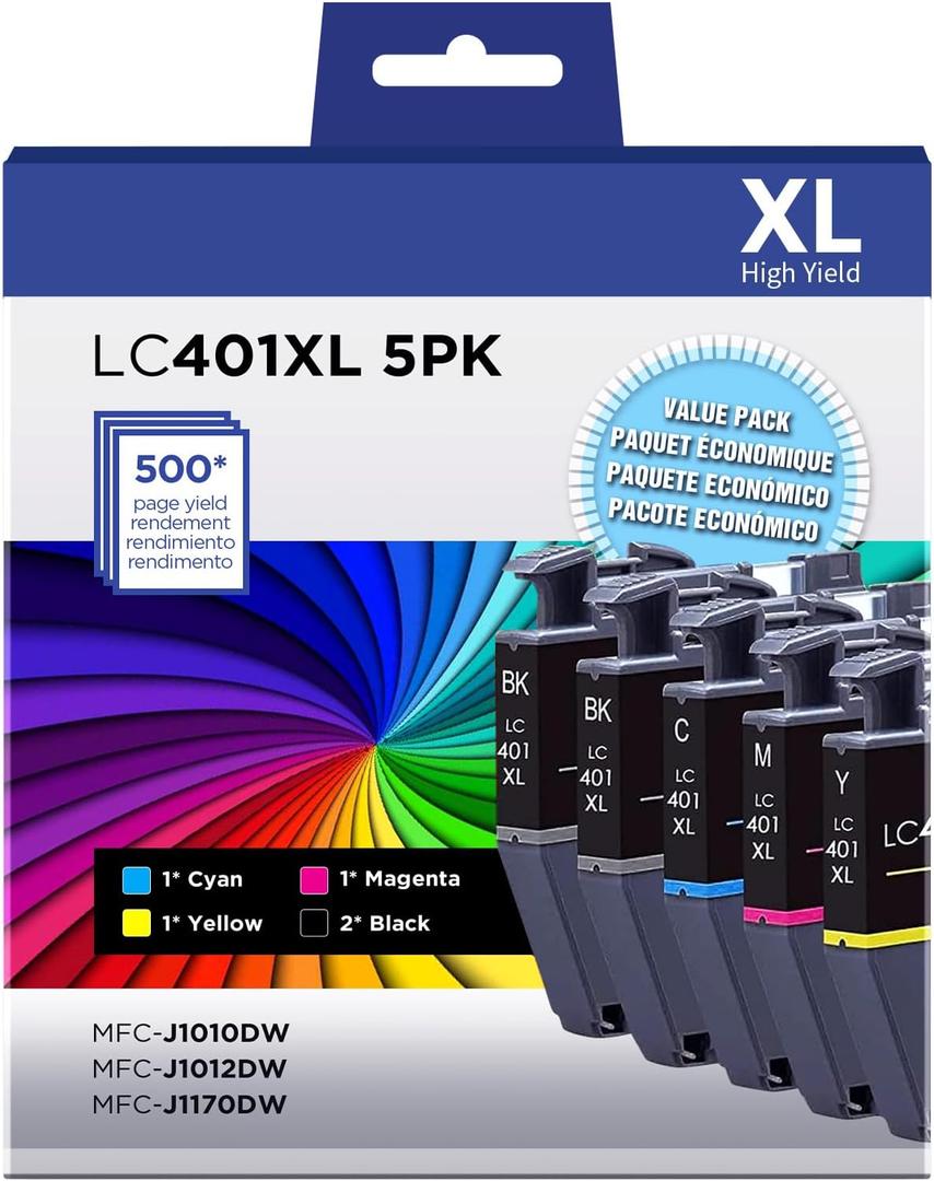 LC401XL Ink Cartridges Combo 5 Pack Compatible for Brother LC401 High Yield Work with Brother MFC-J1010DW MFC-J1012DW MFC-J1170DW Printer (2 x Black, Cyan, Magenta, Yellow)