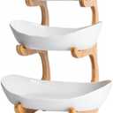 3 Tier Fruit Bowl With Bamboo Stand for Kitchen Counter,Ceramic Fruit Basket Large Capacity for Fruit Vegetable Storage,Snack Dessert Cake Tray Plate Rack for Party Wedding (White)