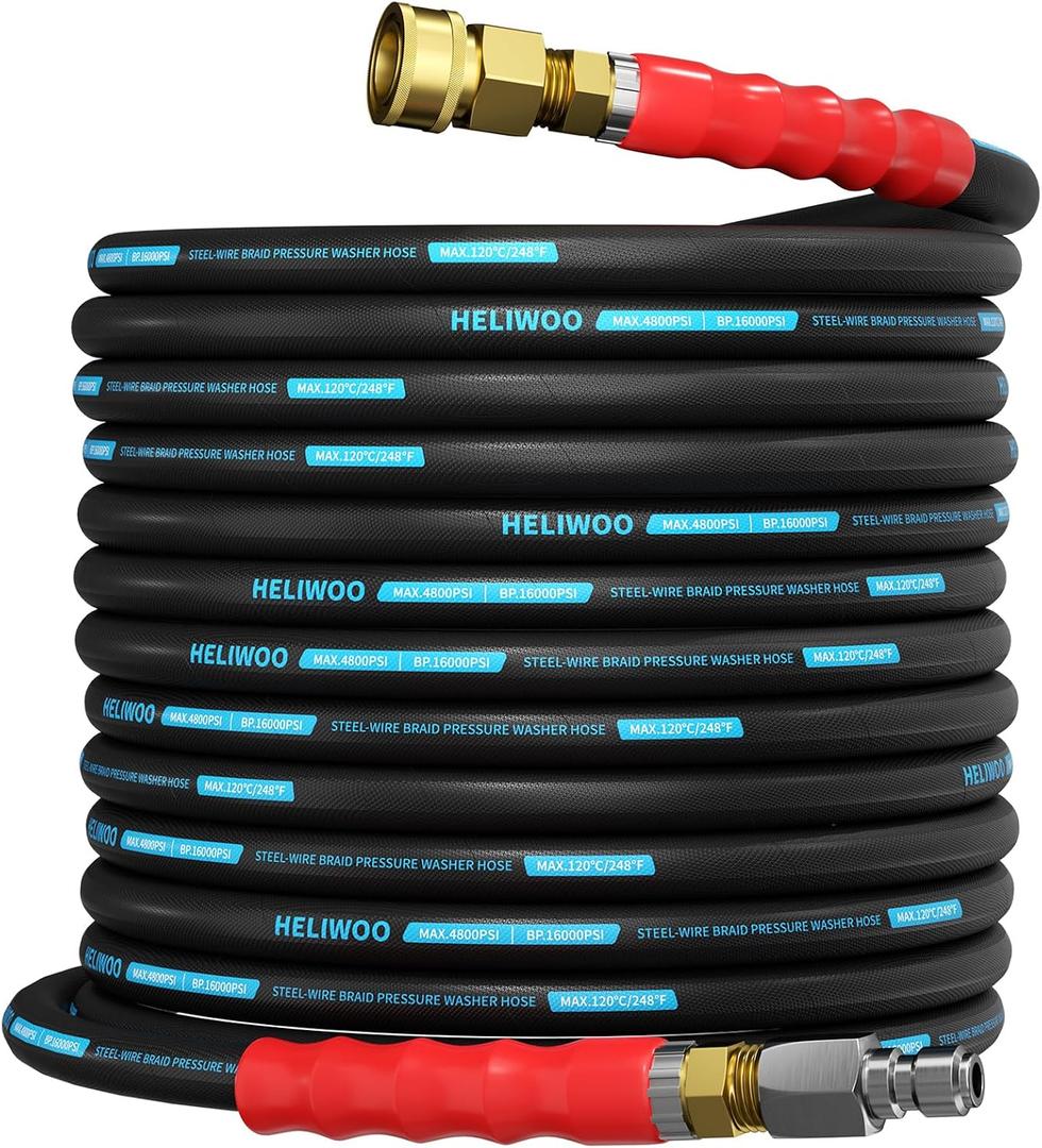 4800 PSI Pressure Washer Hose 50FT, 3/8'' Steel Wire Braided Kink Resistant Power Washing Extension Hose for Cold & Hot Water Max 248F, Qucik Connect Ends, Black and Blue