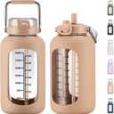MUKOKO 84oz Glass Water Bottle with Time Marker and Silicone Sleeve 2.5L Water Jug with Stainless Steel Handle Gallon Drinking Bottle with 2-in-1 Lid Wide Mouth BPA Free, Amber