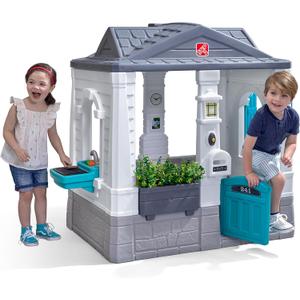 Step2 Neat & Tidy Cottage Kids Playhouse, Indoor/Outdoor Playset, Interactive Play with Sounds, Made of Durable Plastic, for Toddlers 1.5+ Years Old, Grey