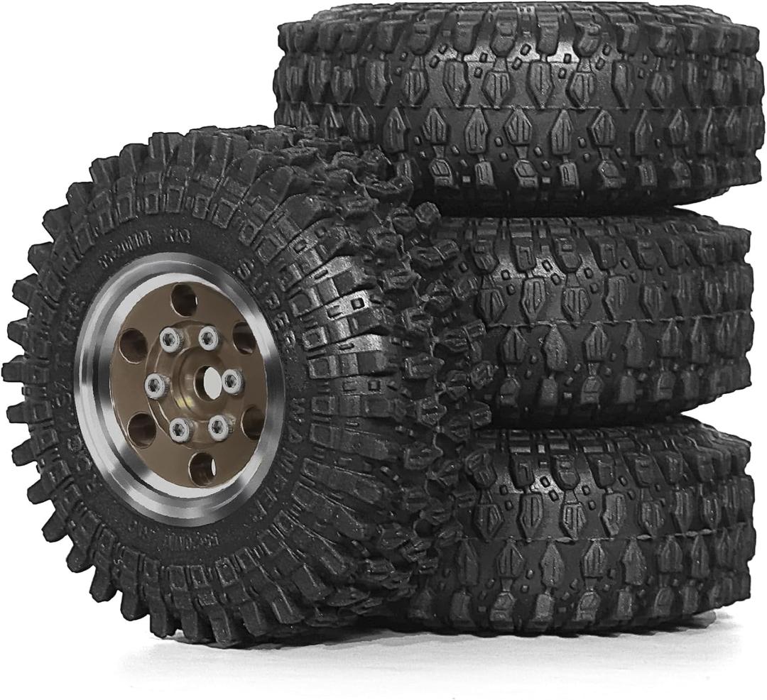 1.0 Crawler Tires and Beadlock Wheels Rims 1/18 Wheels 7mm Hex Offset -2.5mm 1/24 Super Soft Mud Tyres for 1:24 1:18 RC Rock Crawler Car Axial SCX24 AX24 FMS FCX24 FCX18 TRX4M 4Pcs (Bronze)