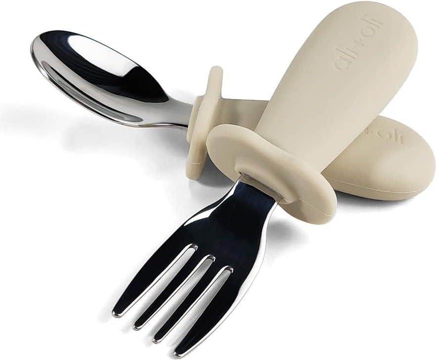 Ali+Oli Spoon & Fork Learning Set for Toddlers (Khaki) 6m+ Grab Easy BPA Free Food-Grade Silicone Handle, Kids Silverware Self Feeding Baby Utensils, Multi-stage Baby Feeding Set Ergonomic Design
