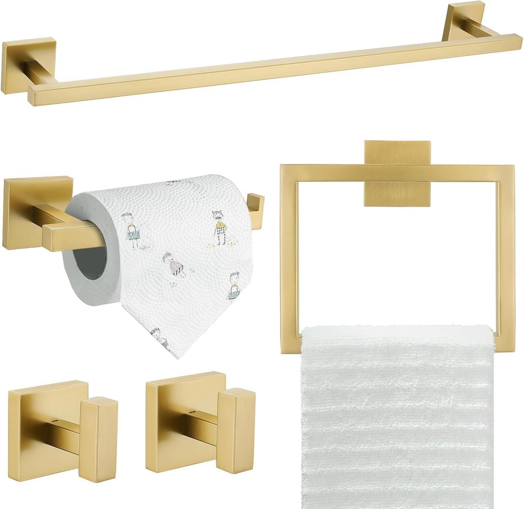 TQKAG 5-Piece Bathroom Accessories Set Brushed Gold Bathroom Hardware Set SUS304 Stainless Steel Classic Wall Mounted Towel Bar Sets 23.6" Towel Rack for Bathroom, Brushed Gold
