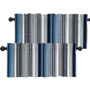 Batmerry Boho Ethnic Tribal Art Kitchen Valances Half Window Curtain, Navy Blue Geometric Ikat Tribal Print Pattern Kitchen Valances for Windows Valance for Decor Reducing The Light 52x18 Inch