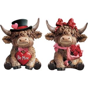 2 Pcs Valentine's Day Highland Cow Figurines Love Heart Rose Highland Cow Gnomes Scottish Resin Statue Calf Lovers Romantic Gifts for Valentines Home Kitchen Office Tiered Tray Table Decor (Red)