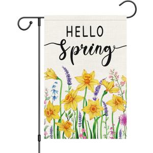 Louise Maelys Spring Garden Flag 12x18 Double Sided Vertical, Burlap Small Daffodil Floral Flower Welcome Garden Yard House Flags Outside Outdoor House Hello Spring Summer Decoration (ONLY FLAG)