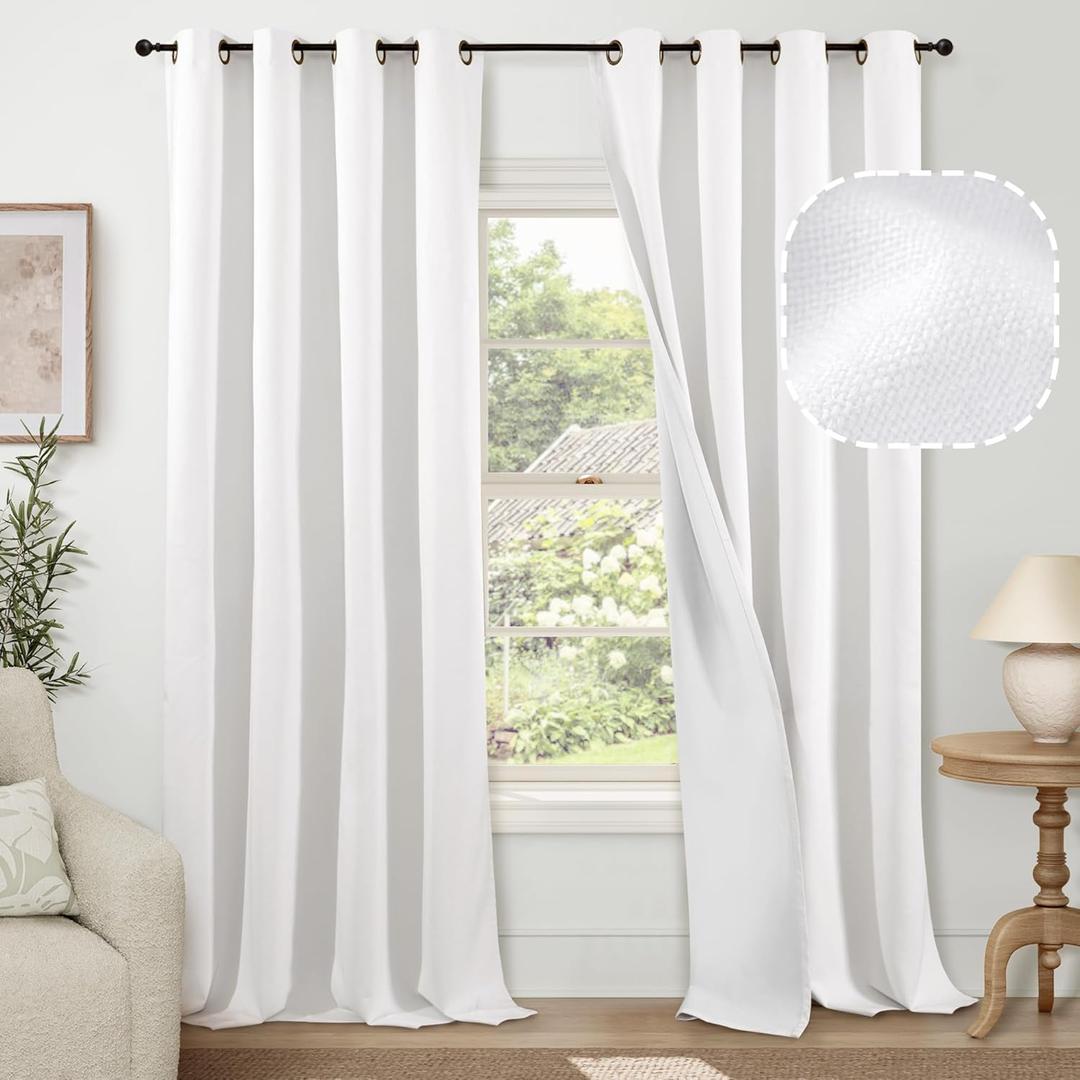 Blackout Curtains for Living Room 84 Inch Length 2 Panels Set, Thermal Insulated 100% Black Out Privacy Soundproof Grommet Farmhouse Linen Window Curtains for Bedroom Darkening, White, Each 52Wide