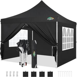 COBIZI 10x10ft Pop Up Canopy with 4 Removable Sidewalls, Easy Up Commercial Gazebos, Waterproof and UV50+ Gazebo with Portable Bag, Adjustable Leg Heights, Tents for Parties, with 4 sandbags (Black)