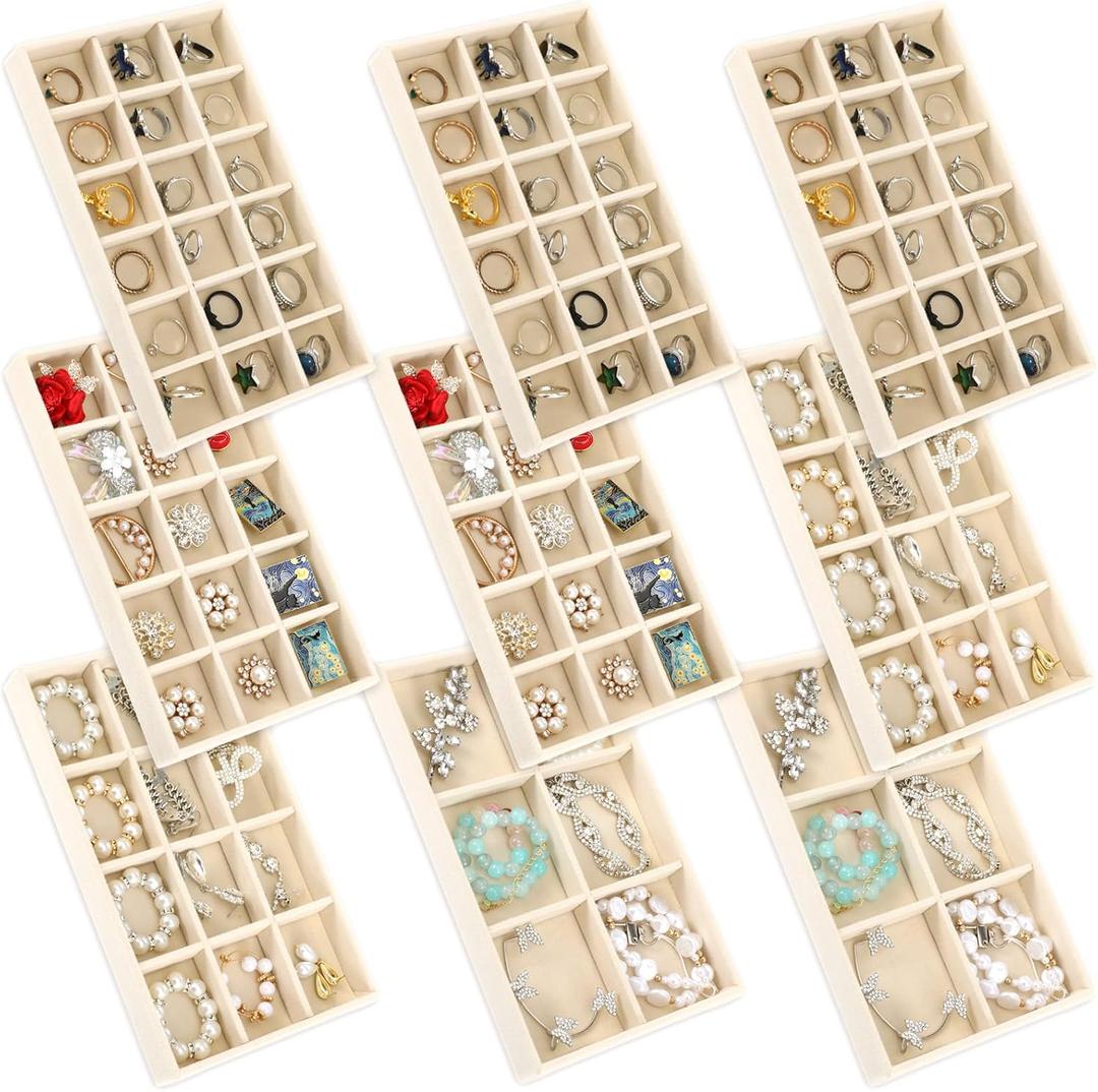 Jewelry Organizer Trays, Set of 9, Velvet Lined, Adjustable Dividers, Stackable, Beige, 8.3 x 4.9 x 1 Inches