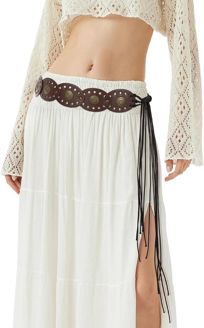 XZQTIVE Women's Boho Disc Belt Concho Western Cowgirl Cowboy Belt for Ladies Wide Vintage Leather Waist Belt for Dress (Coffee (Bronze Buckle), Size: Fits sizes 34"-40" )