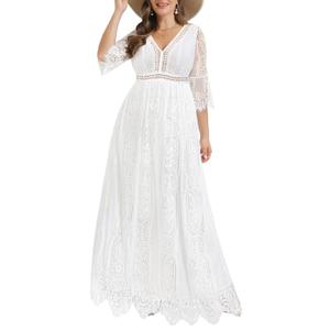 Plus Size Wedding Dress Boho - Maxi Bridal Shower Bohemian Formal Lace Long Dresses, 14 Plus