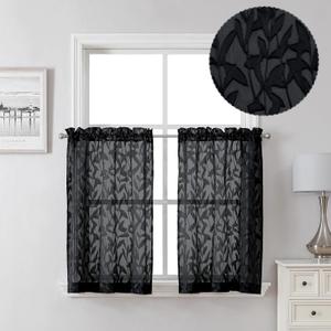 Lecloud Leia 2 PCS Black Sheer Kitchen Curtains 36 Inch Length, Airy & Breathable Clip Textured Leaf Cafe Living Room Voile Curtain Tiers, Dual Rod Pockets Jacquard Bathroom Bedroom Drapes, 38W x 36L