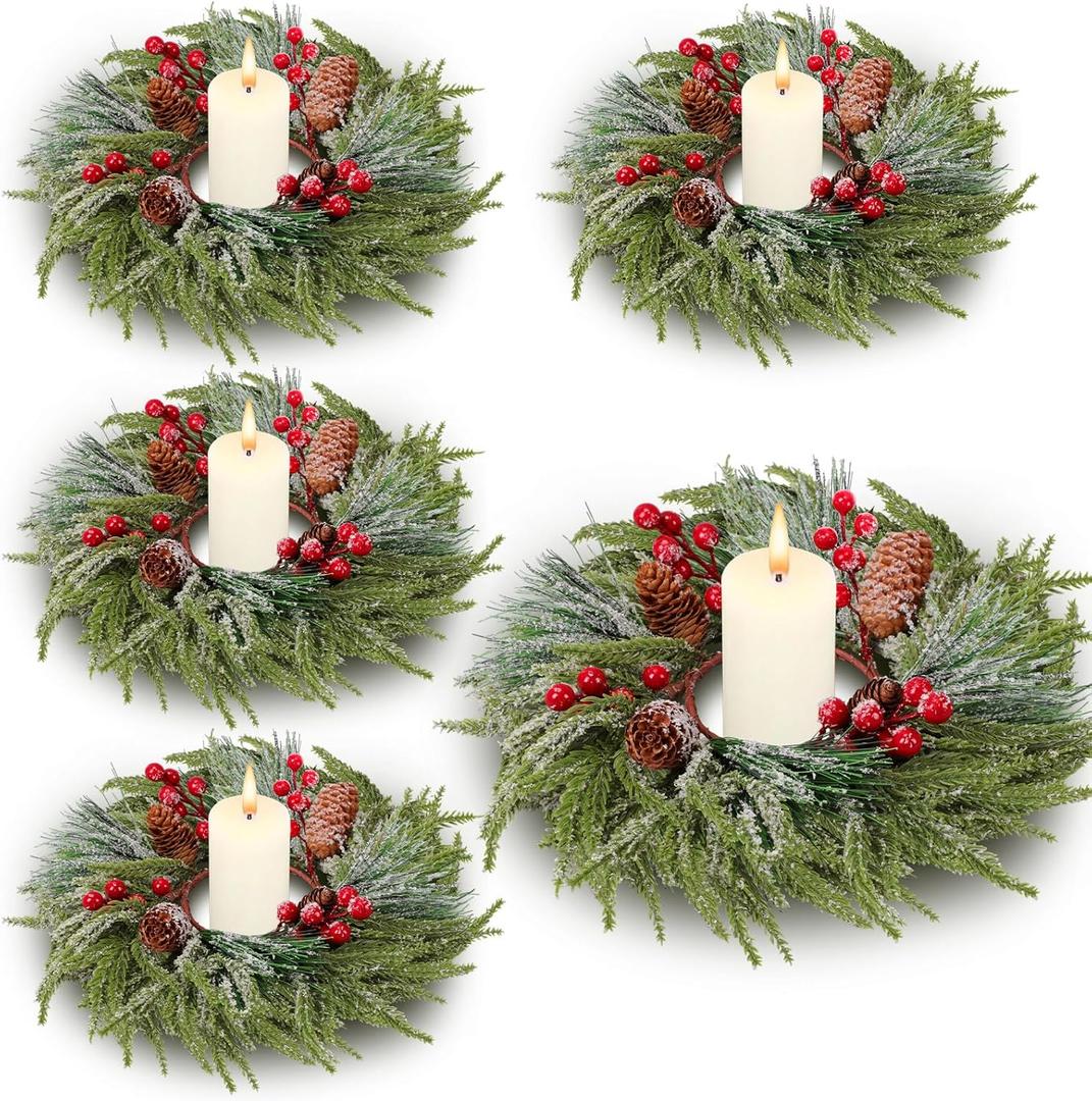 Suncalla 4 Pcs Christmas Candle Rings Wreath Decorations Artificial Red Color Berry Garland Wreaths Pine Garland Norfolk Pine Holder Pillars for Kitchen Cabinet Xmas Home Table Decor (Cute)