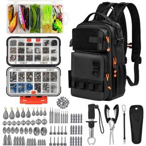 THKFISH Fishing Tool Kit, Backpack and Tackle Box with Tackle Included Lures Hooks Sinkers Accessories Kit,Pliers, Fish Lip Gripper, Fishing Gear and Fishing Gift for Men (Black-462pcs)