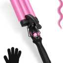 Three Barrel Curling Iron 7/8 Inch (22mm), 7 Heat Settings 180-430F, Ceramic Triple Hair Waver for Beach Waves, Dual Voltage 110-240V, Auto Shut-Off, Glove Included, Pink