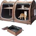 Mispace Portable Twin Compartment Show House Cat Cage/Condo - Easy to Fold & Carry Kennel - Comfy Puppy Home & Dog Travel Crate with Portable Carry Bag/Two Hammocks/Mats and Collapsible Litter Box (Brown)