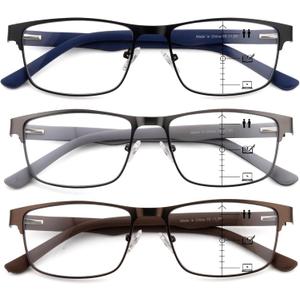 Progressive Reading Glasses for Men Premium Metal Full Frame Multifocal Readers Rubber Temples Blue Light Blocking Readers 3PK+3.0