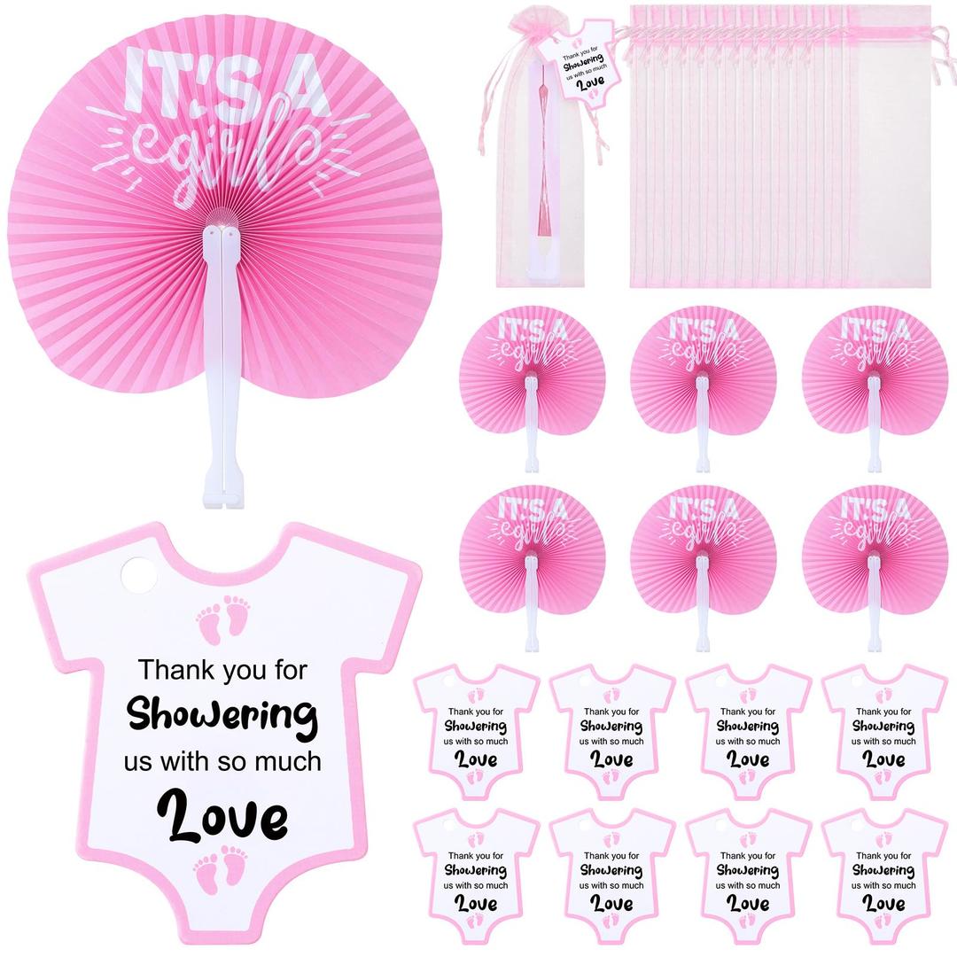 Redbaker 50 Sets Baby Shower Folding Handheld Fans Girl Boy Paper Round Shaped Accordion Fans with Baby Shower Favor Tags and Organza Bags for Guests Gender Reveal Party Favors Gifts (Pink)