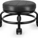 Low Roller Stool Low Height Rolling Stool Seat PU Leather Small Chair Foot Stool Round Rolling Stools for Home Office Garage Shop (Black)