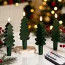 Eywamage Green Christmas Tree Flameless Taper Candles with Remote, Short Battery LED Wax Candlesticks Holiday Decor Set of 4