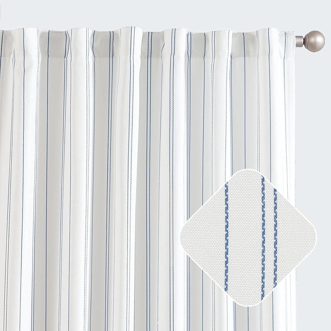jinchan White Curtains Blue Striped Curtains 96 Inch Length for Living Room Bedroom Window Treatment Modern Linen Look Ticking Stripe Pinstripe Privacy Light Filtering Back Tab Rod Pocket 2 Panels