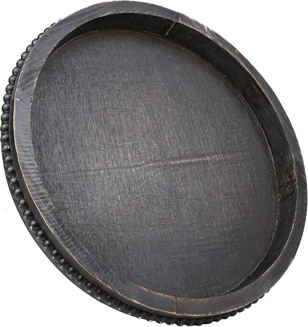 Round Wooden Serving Tray with Beads, Circle Vintage Black Wood Coffe Table Tray for Dining Room Table Centerpiece, Kitchen Counter (13")