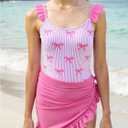 GORGLITTER Girl's Cute Bow Swimsuit Striped Ruffle One Piece Kids Bathing Suit with Beach Cover Up Skirt