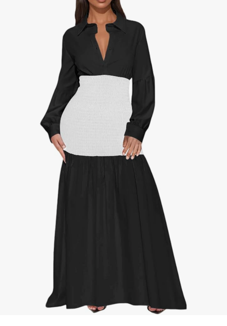 Ekaliy Women's Puff Long Sleeve Shirt Dress Elegant Button Down Loose Swing Party Maxi Dress XL