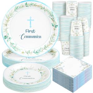 200 Pcs First Holy Communion Disposable Tableware Set Blue God Bless Baptism Disposable Paper Plates Napkins and Cups for Dessert Christening Celebration Eucharist Party Supplies