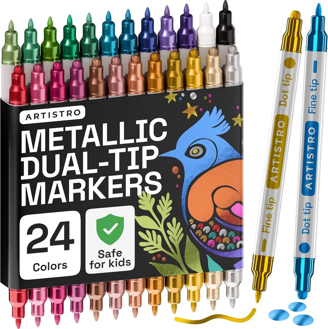 ARTISTRO 24 Metallic Acrylic Paint Markers for Rock, Fabric, Wood, Glass, Craft, Decoration - Dual-Tip Paint Pens - Stocking Stuffers, Christmas Gift Idea for Teens, Grandkids, Kids - Art Supplies