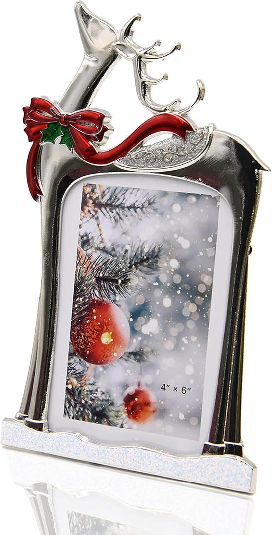 Christmas Reindeer Picture Frame 4x6  Silver Metal Holiday Photo Frame with Red Bow & Festive Design, Tabletop Christmas Decoration & Gift for Family, Friends, Home Dcor(silver)
