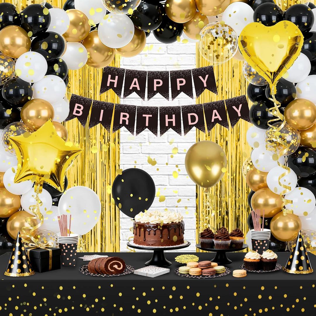 140 Pcs Black and Gold Birthday Decorations for Men and Women,Balloon,Happy Birthday Banner,Fringe Curtains,Cake Topper,Plates,Cups, for 25 Guests