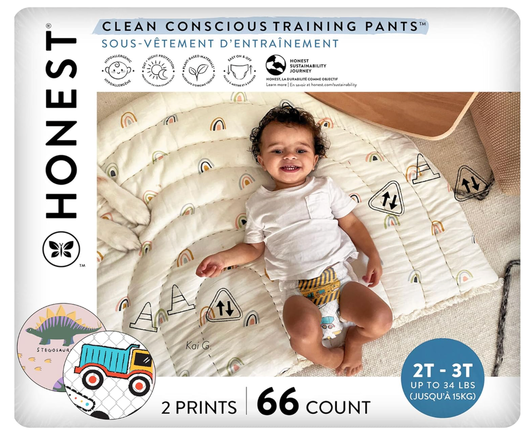 The Honest Company Clean Conscious Training Pants for Sensitive Skin, Hypoallergenic, FragranceFree, Rompin' & Stompin' Diggin' It Size 2T/3T (up to 34 lbs), 66 Count