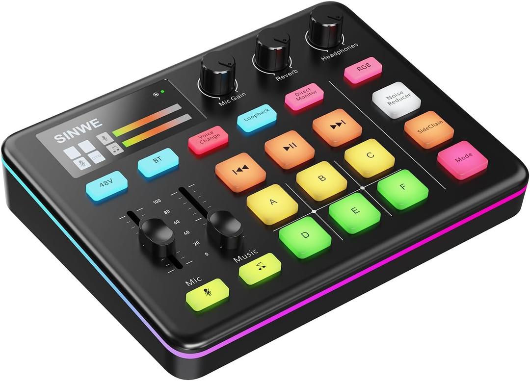 SINWE G1 Gaming Audio Mixer, RGB Audio Interface with Pro-preamp,Bluetooth, Streaming PC Mixer with XLR/48V Phantom Power for Live Streaming, Podcasting, Content Create, Gaming(Black)