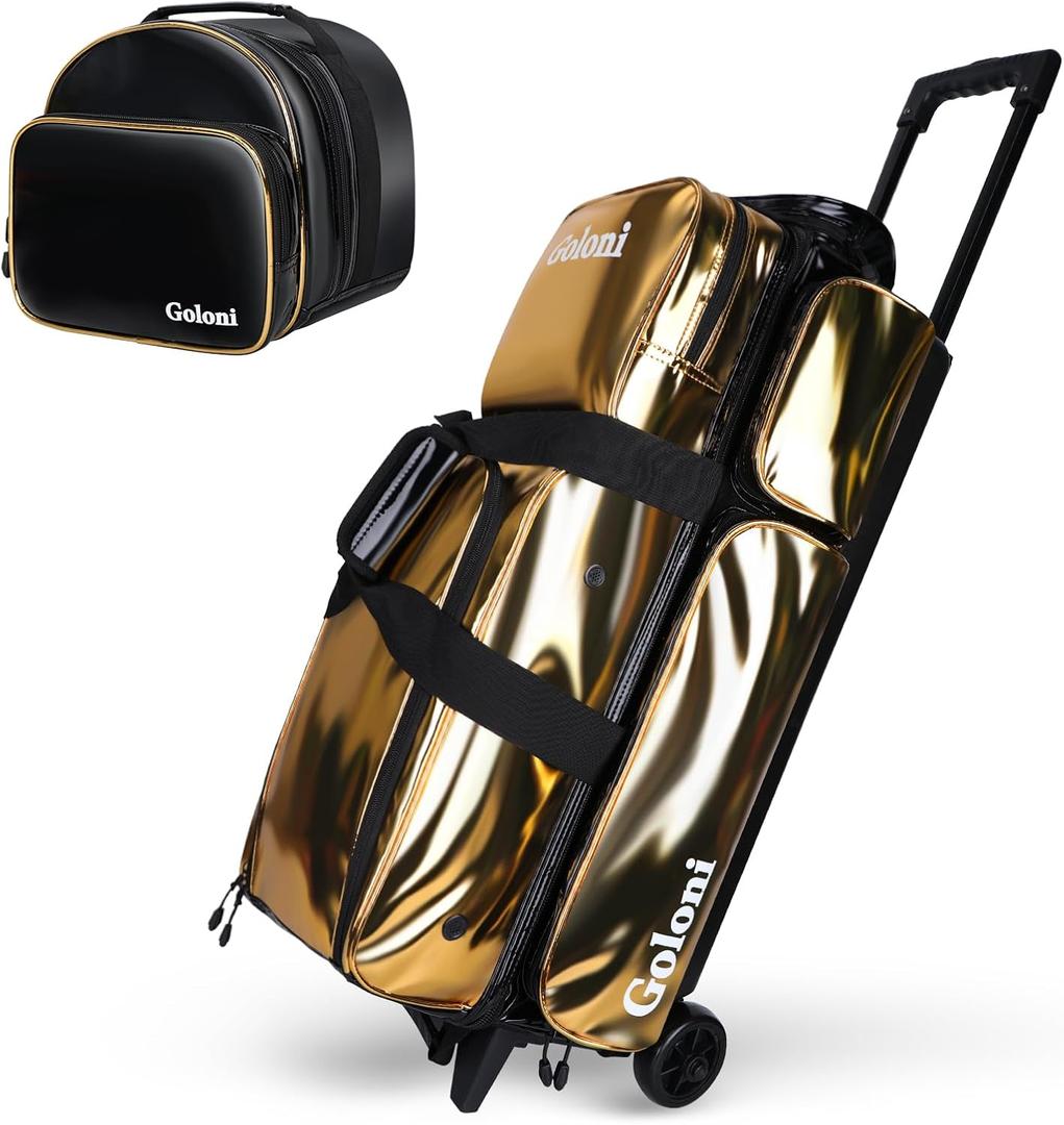 4 Ball Bowling Bags with Wheels,3 Ball Bowling Bag + 1 Ball Tote,Separate Shoe Compartment for Shoes (Up To US Men Size 16) (Gold)